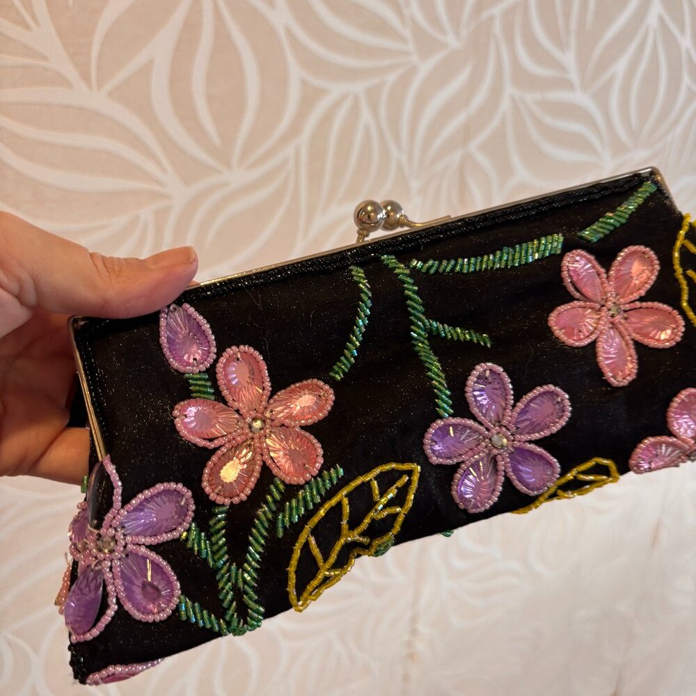 Embroidered beaded sequined clutch